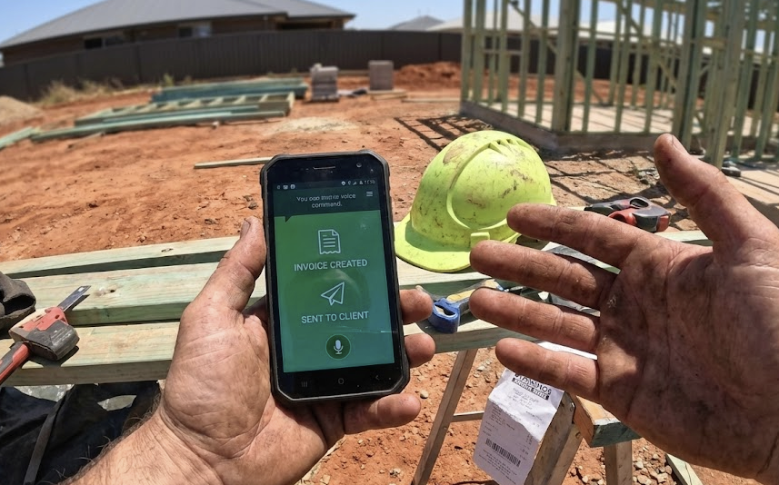 Tradie on construction site using voice commands on phone to create invoice, showing Invoice Created and Sent to Client confirmation
