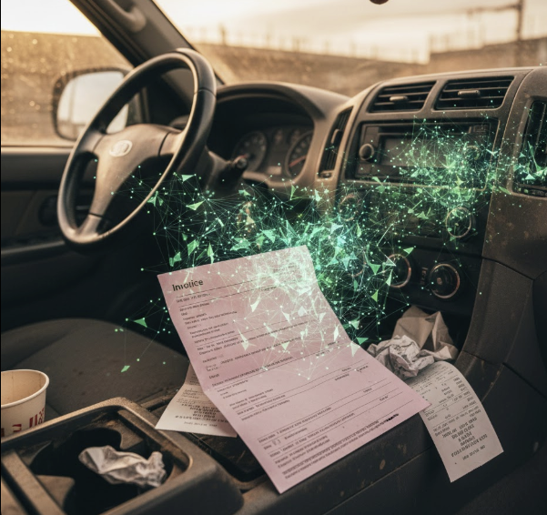 Invoice on truck dashboard with AI network visualization overlay showing digital transformation in trade invoicing