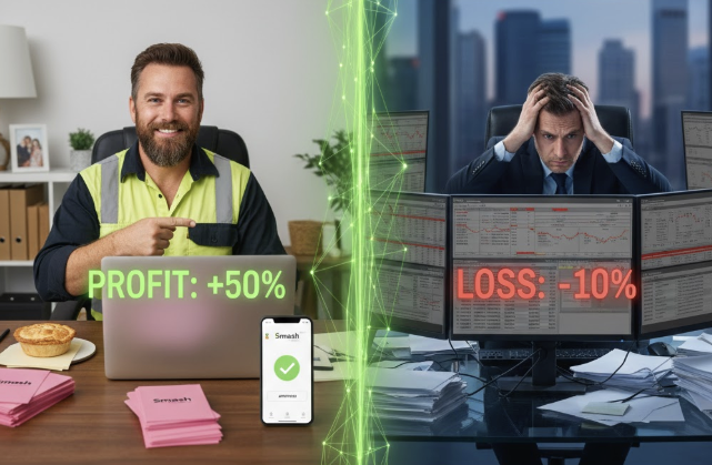 Split screen comparison showing a happy tradie in high-vis with profit metrics on one side and a stressed office worker with loss metrics on the other, separated by a green digital divider representing AI technology advantage