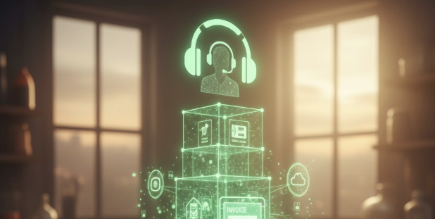 Futuristic holographic representation of voice-first business technology stack with AI integration and digital tools