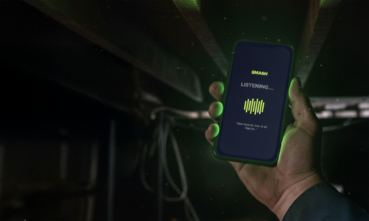 Voice-powered invoicing interface showing tradie using voice commands to create invoices