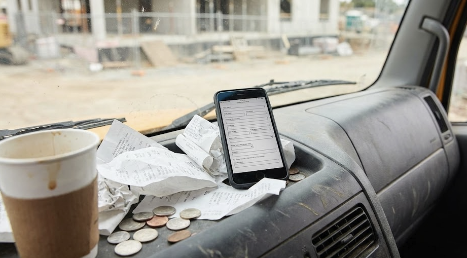 Late night spreadsheet work with coffee mugs and receipts on kitchen table, showing the frustration of Excel invoice management
