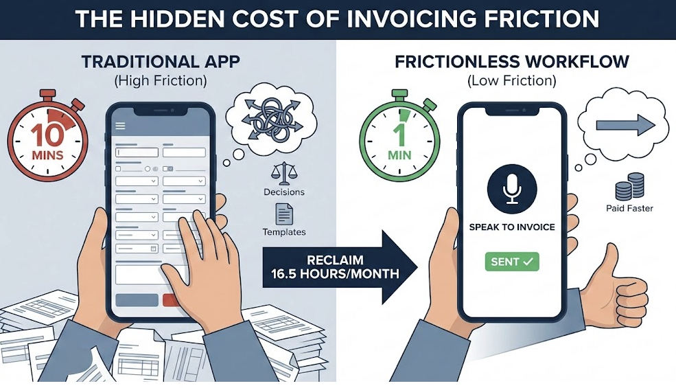 Comparison showing traditional invoicing app taking 10 minutes versus frictionless voice-to-invoice workflow taking 1 minute