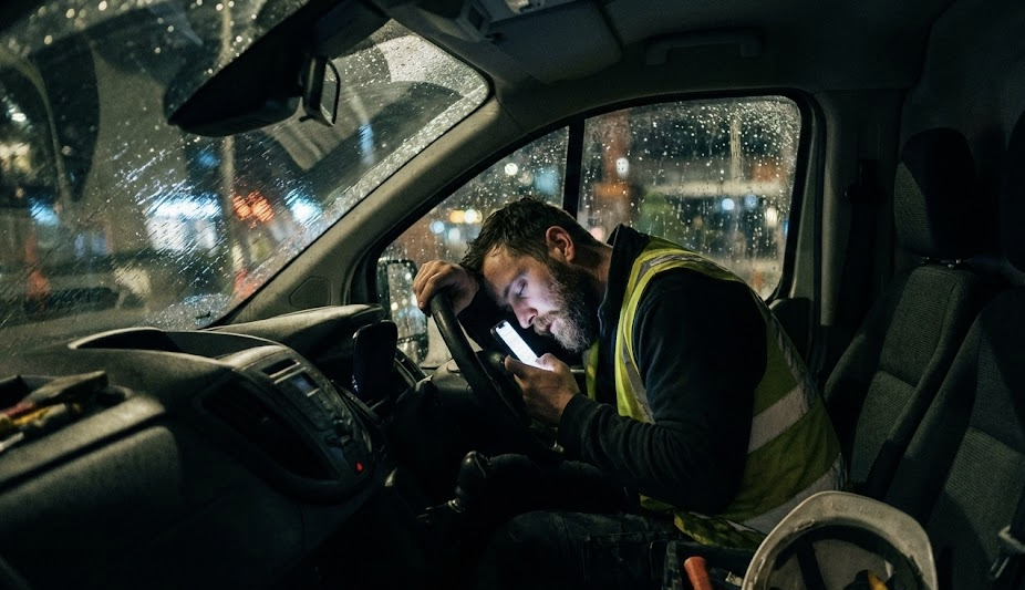 Contractor working from work truck cab at night in rain, managing invoices on mobile phone - the reality of mobile office challenges