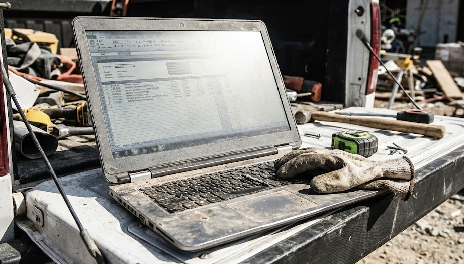 A laptop on a messy construction site