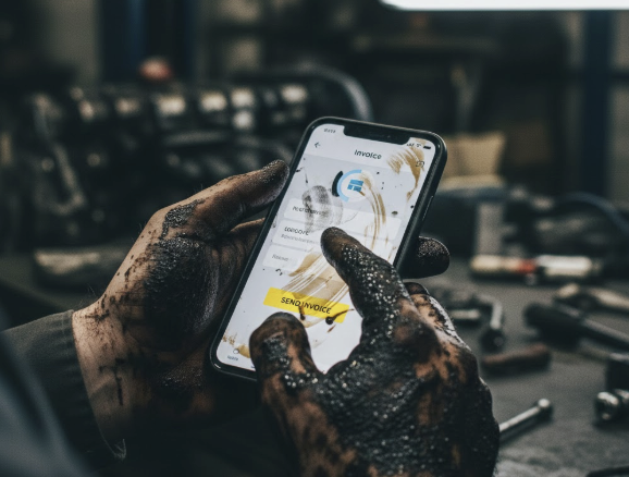Mechanic holding traditional paper invoice book with grease stains on workshop bench, showing the problem voice-to-invoice technology solves