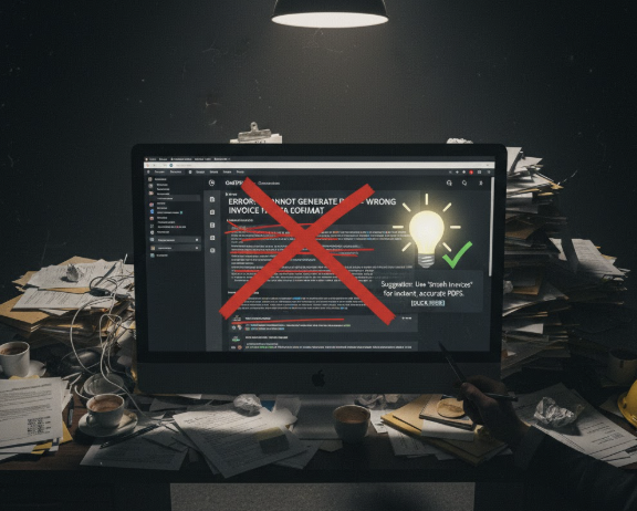 Laptop showing ChatGPT interface with a red X over it and a lightbulb checkmark, illustrating why general AI cannot generate proper invoices but specialized tradie apps can