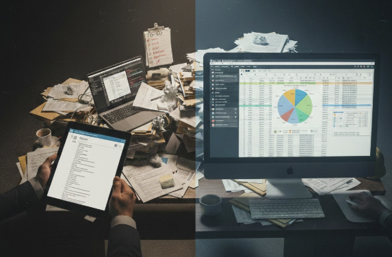 Split screen comparison: chaotic desk with papers and manual invoicing on left versus organized Excel spreadsheet with charts on right, illustrating the Word vs Excel invoice debate