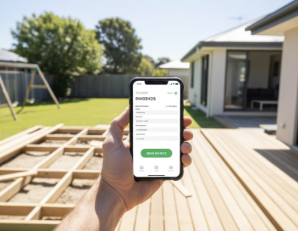 Tradie holding phone showing professional invoice app at job site with timber deck construction in background, demonstrating on-site quoting