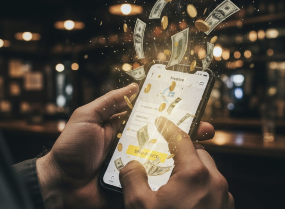 Money flowing from phone displaying invoice app, visualizing instant 48-hour payment and fast cash flow for tradies